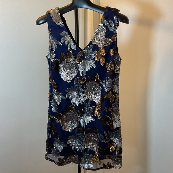Alya Dresses & Skirts - 13. Alya Navy and Silver Floral Sequin Shift Party Mini Dress Size Large